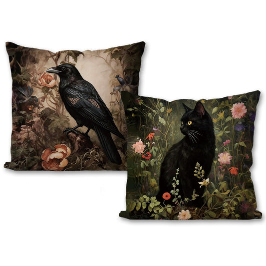 HESQFBH Vintage Floral Gothic Throw Pillows Covers Home Decor, Black Cat Pillow Cover, Retro Art Decor Pillow Case Cushion Cover for Bed Sofa Living Room, 18x18 Inch 2Pcs