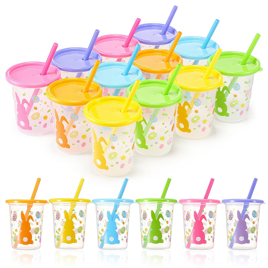 Nuanchu Cute Easter Plastic Cups with Lids and Straws Color Cups Reusable Tumbler with Lid and Straw for Coffee Cold Drinking Travel Parties(Innovative Color,12 Pcs)