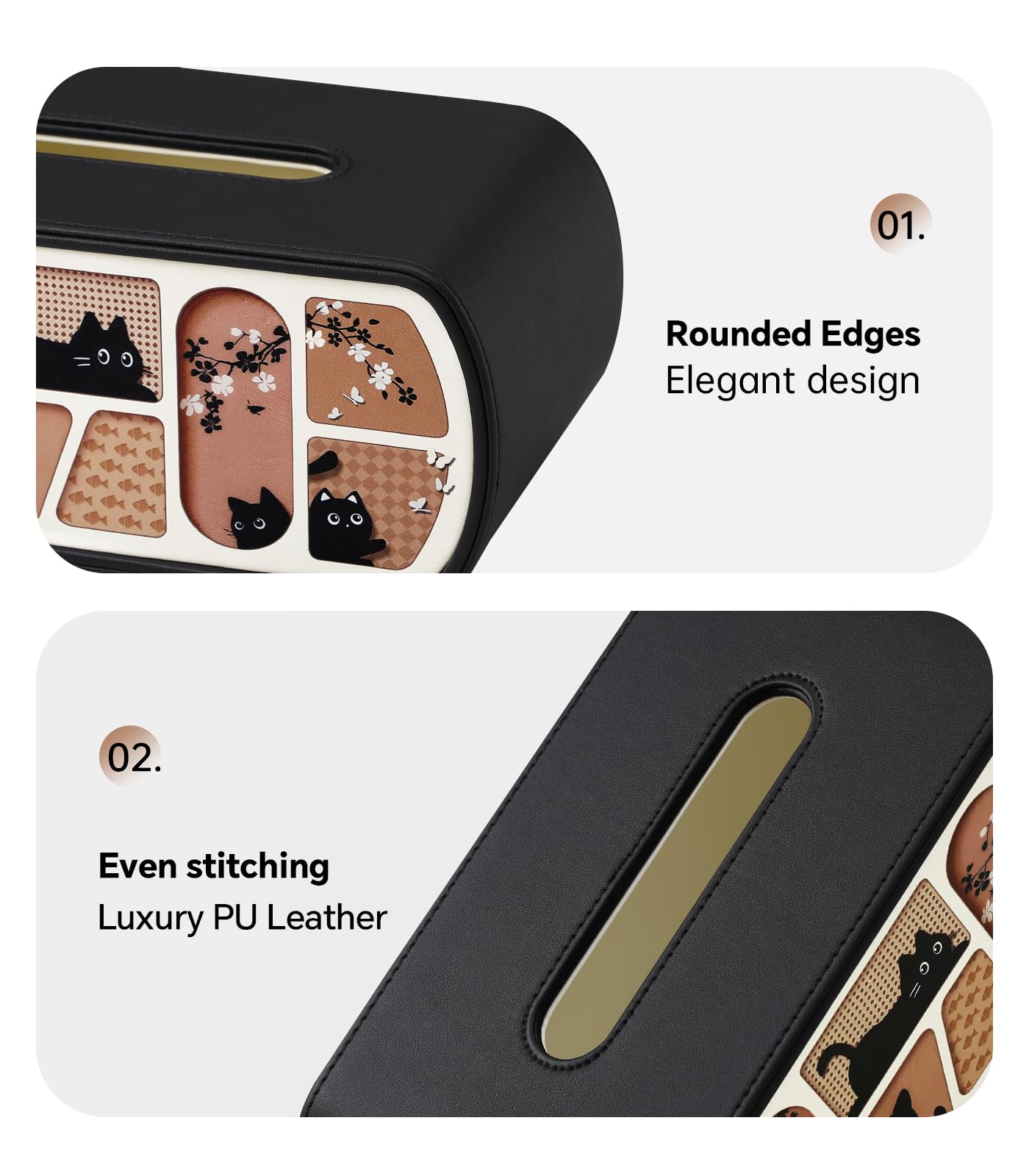 MEIBOOCH Cat-Themed Tissue Box Cover, Cat Lover Gifts PU Leather Tissue Cover, Square/Rectangular Tissue Holder for Bathroom Living Room Office (Black, Rectangle - for 120/160 Count Tissue Boxes)