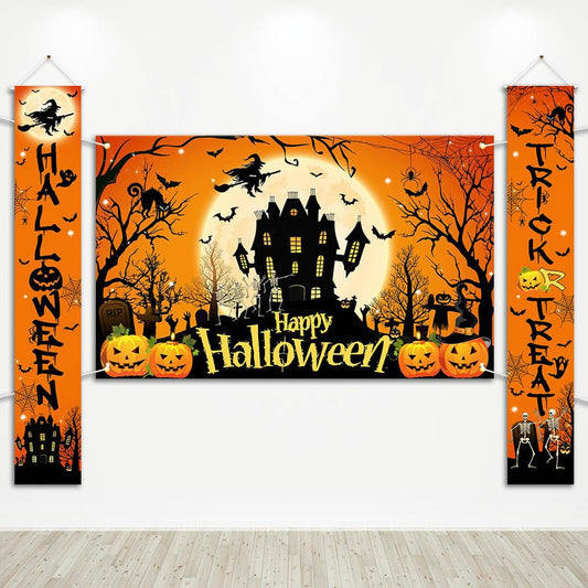 Avezano Halloween Decorations 3Pcs Trick or Treat Porch Signs Horror Door Banner Halloween Party Decorations Indoor Outdoor