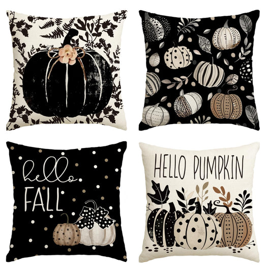 AVOIN colorlife Fall Hello Pumpkin Leaves Throw Pillow Covers, 20 x 20 Inch Autumn Thanksgiving Harvest Polka Dot Black Decorations for Sofa Couch Set of 4
