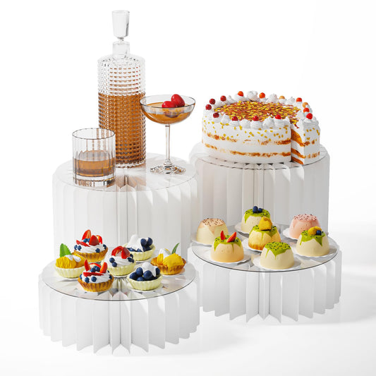 HeiMma 4 Pack Buffet Risers, FOLDABLE Accordion Food Display Risers for Dessert Table,Dessert Table Display Set, White Cardboard Cylinder Cake Cupcake Stands for Party, Multi-height, 12in Round