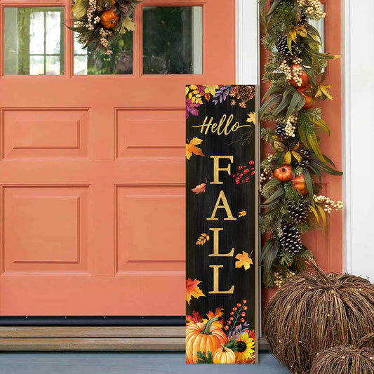 Hello Fall Porch Sign for Front Door, Autumn Wooden Welcome Sign with Maple Leaves Pumpkin for Front Porch Decorations, Fall Garden Decor Outdoor Hanging Signs Wall Sign 31.5"H