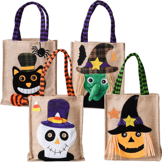 BravOne Halloween Trick or Treat Bags, 4 PCS Cute Pumpkin & Witch & Black Cat & Skeleton Halloween Candy Bucket For Kids - Small Reusable Burlap Tote Bag with Handles for Party Favor Supplies (#A)