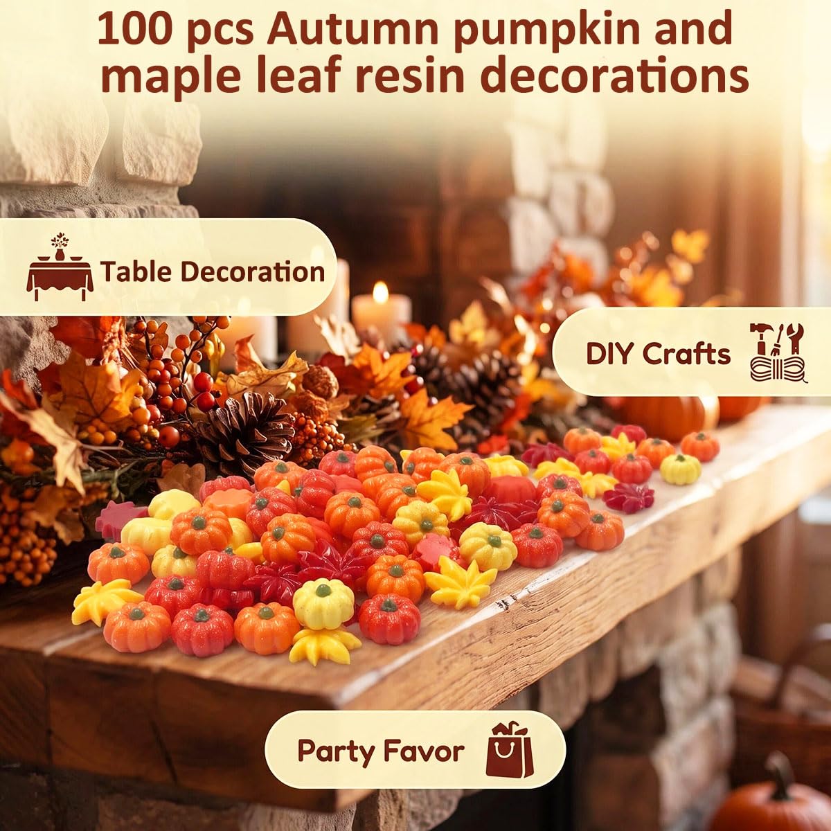 100Pcs Mini Pumpkins Maple Leaf Miniature Figurines, Tiny Resin Pumpkins Thanksgiving Leaves Ornaments Bulk for DIY Crafts Thanksgiving Halloween Fall Vase Filler Home Indoor Outdoor Party Decorations