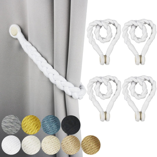 Porlau 4 Pack White Magnetic Soft Curtain Tiebacks Cotton Hand-Woven Tieback Holdback Home Decorative Tie Backs with Wooden Buckle for Home Office Decor