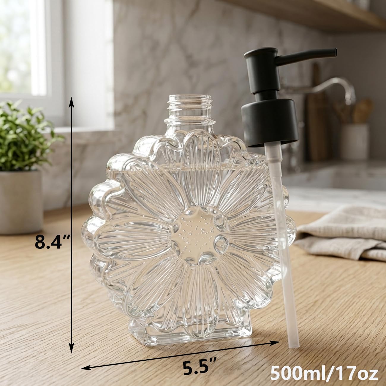Aniced Flower Clear Glass Soap Dispenser Liquid Hand Countertop Cute Retro Floral Decorative Lotion Dispensers Refillable Hand Pump for Bathroom Kitchen Toilet Sinks Countertops 17 Oz (Black)