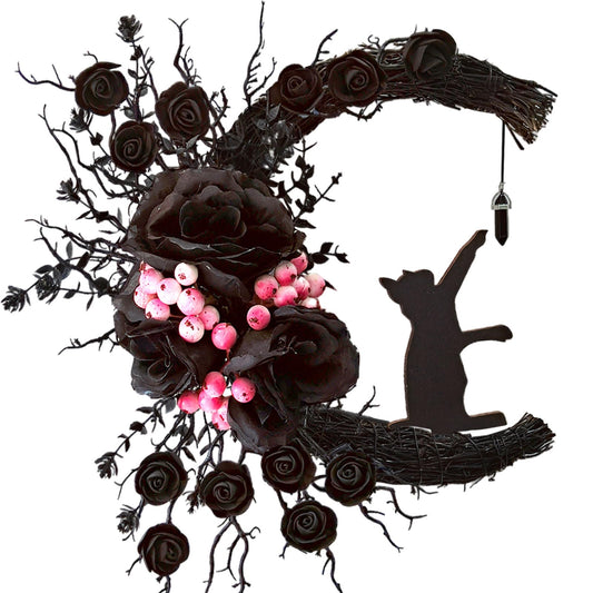 Spooky Halloween Wreath - 2026 Upgrade Black Cat Moon Door Decor with Lights for Indoor Outdoor Party Wall, Unique Crescent Moon Wreath Design, Perfect Halloween Decorations for Front Door (Black)