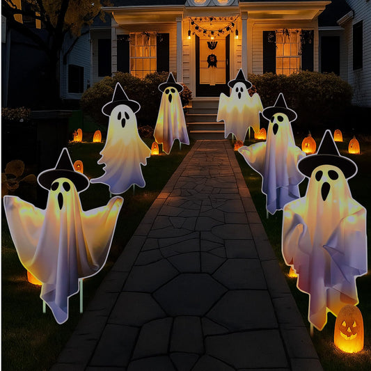 Leinuosen 6 Pcs Halloween Ghost Yard Signs with Stakes Halloween Decorations Outdoor with Witch Hat Cute Boo Ghost Outdoor Decor for Garden Lawn Porch Trick or Treat Party Decorations Outside