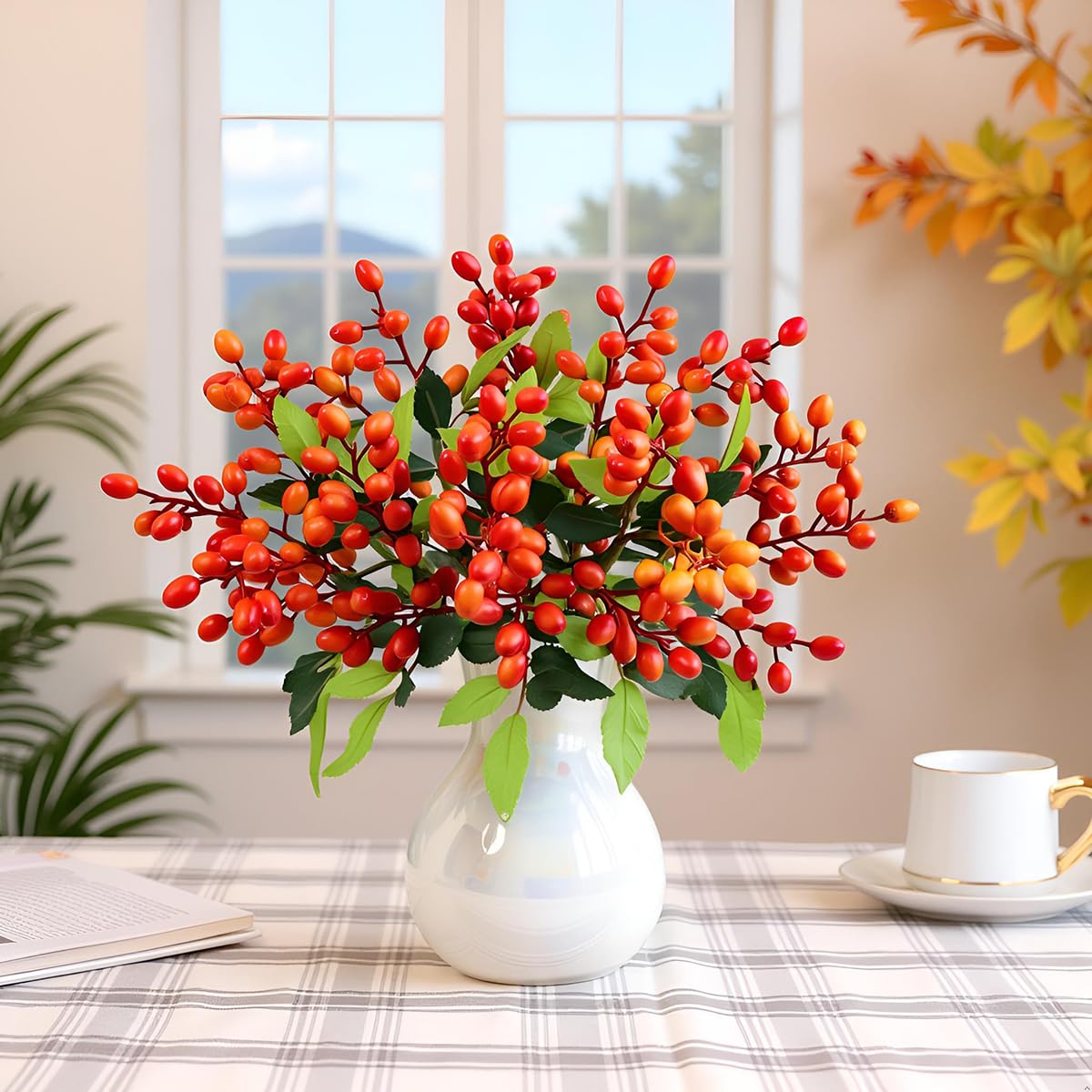 Tyoxlo 4Pcs Orange Artificial Berry Stems Fake Berries Fake Fruit vase Filler Berry Garland Berry Decorations for Home Halloween Decor Thanksgiving Christmas Decorations（Orange）