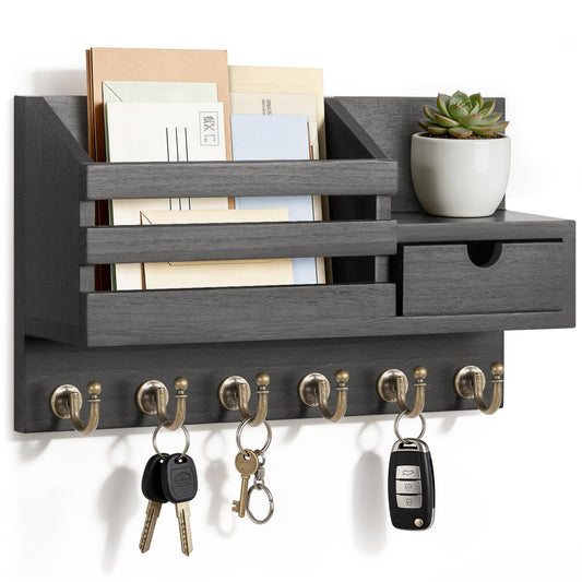 FifthQuarter Key and Mail Holder for Wall, Mail Organizer Wall Mount with 6 Hooks and Storage Drawer, Easy Installation Key Rack for Entryway and Home Decor (A-Black)
