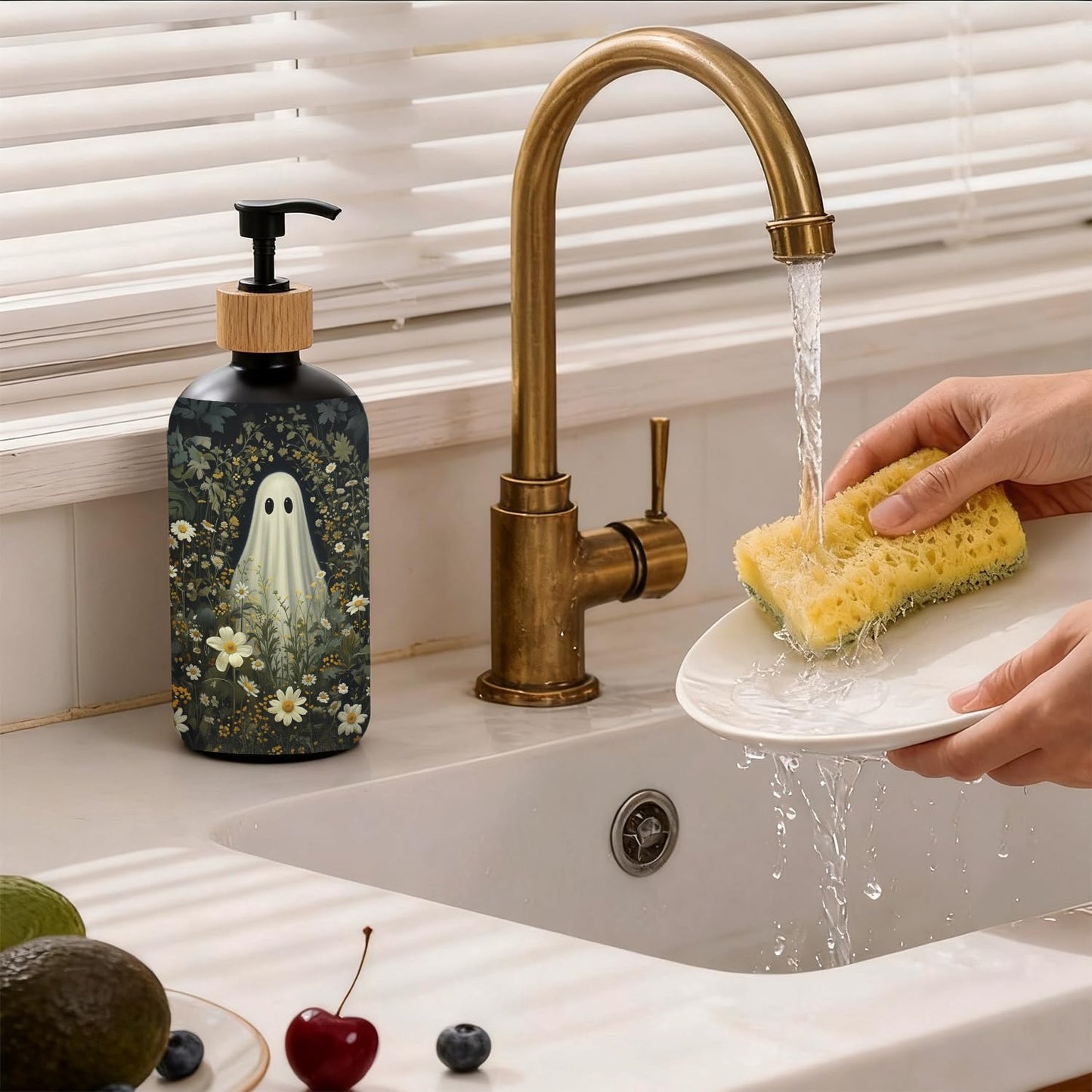 OuOvOwO Halloween Ghost Floral Black Glass Soap Dispenser