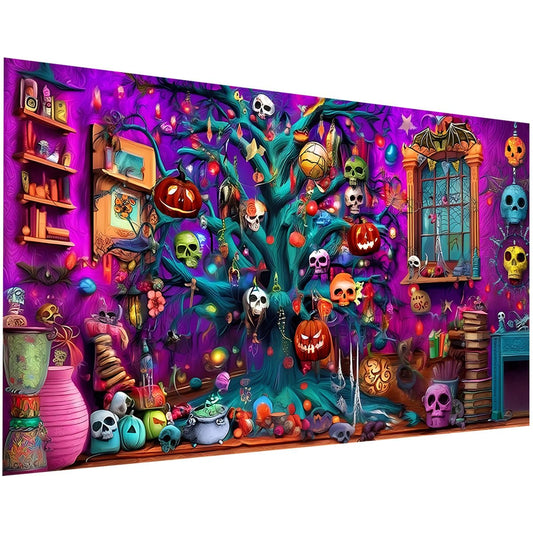 Ohhvvow Large Halloween Diamond Painting Kit - Colorful Ghost & Pumpkin Ornament Tree in Spooky Room, 3D Decor Scene, 5D Full Drill Round Diamonds & Tools, Holiday DIY Craft Gift for Women Men