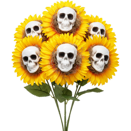 AceOrbit 6 Sets Halloween Skull Sunflower, Include 3" Skeleton Head Small Skulls 8.3" Artificial Sunflowers Natural Dried Moss for Halloween Party Decoration Props Spooky Yard Table Decor