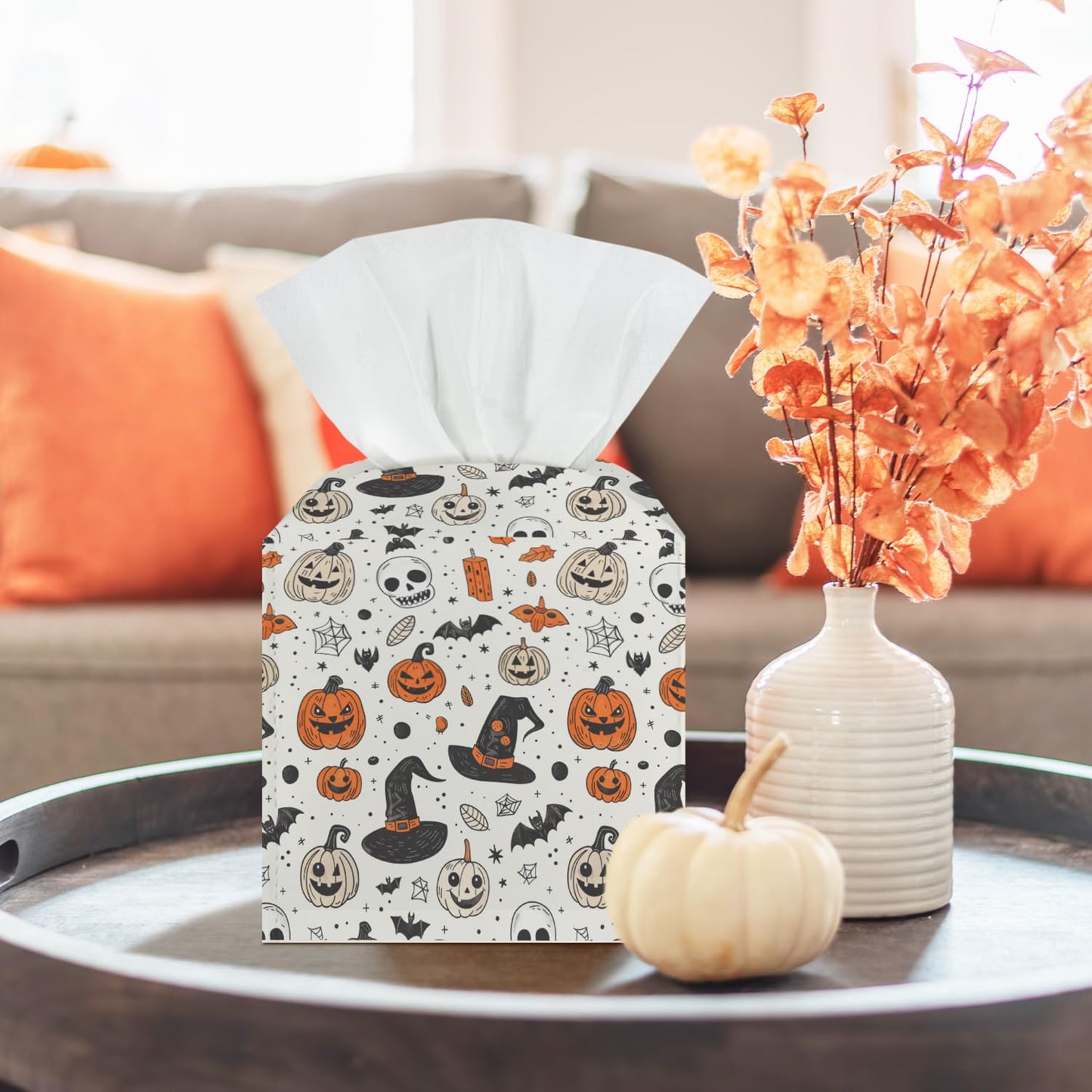 Halloween Spooky Tissue Box Covers Square, Leather Tissue Box Cover Decorative for Home Office Bathroom, Pumpkin Skull Square Facial Paper Organizer Halloween Home Decor - 043