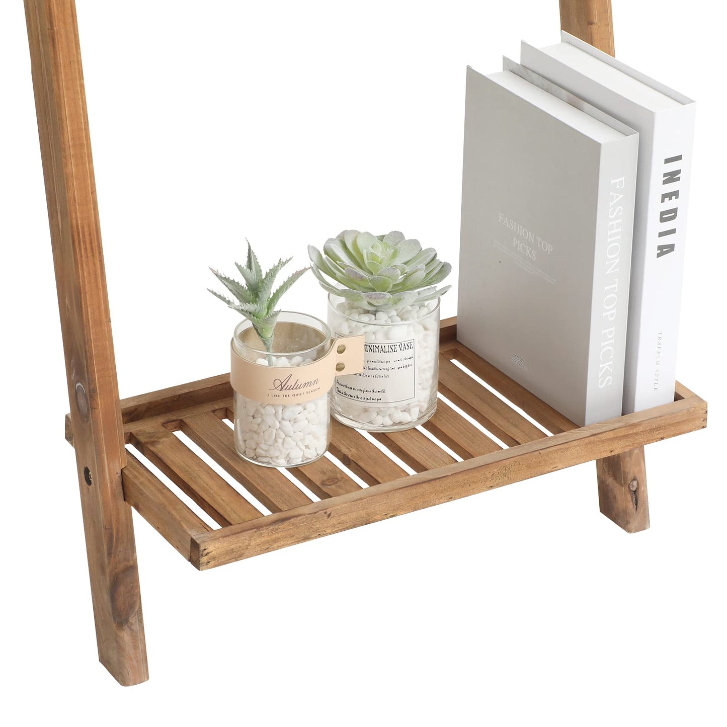 FUIN 5ft Wood Blanket Ladder with Bottom Shelf for Living Room Decorative Wall Leaning Farmhouse Quilt Display Holder Storage Rustic Wooden Towel Rack for Bathroom, Light Brown