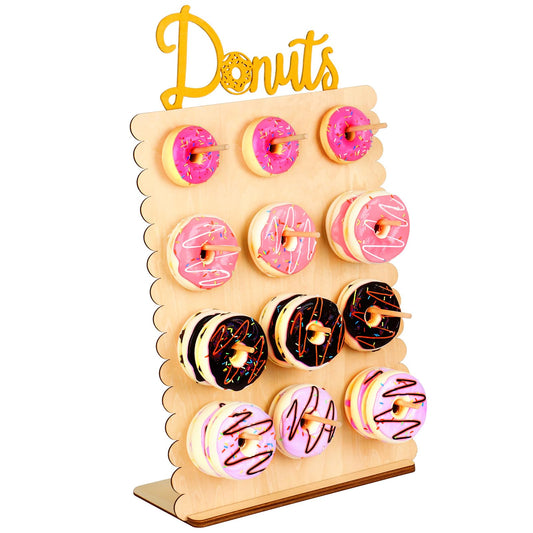 KOYILTD Reusable 12 Peg Donut Wall Stand for Party, Wooden Donut Display Board for Dessert Table Decoration (wood)