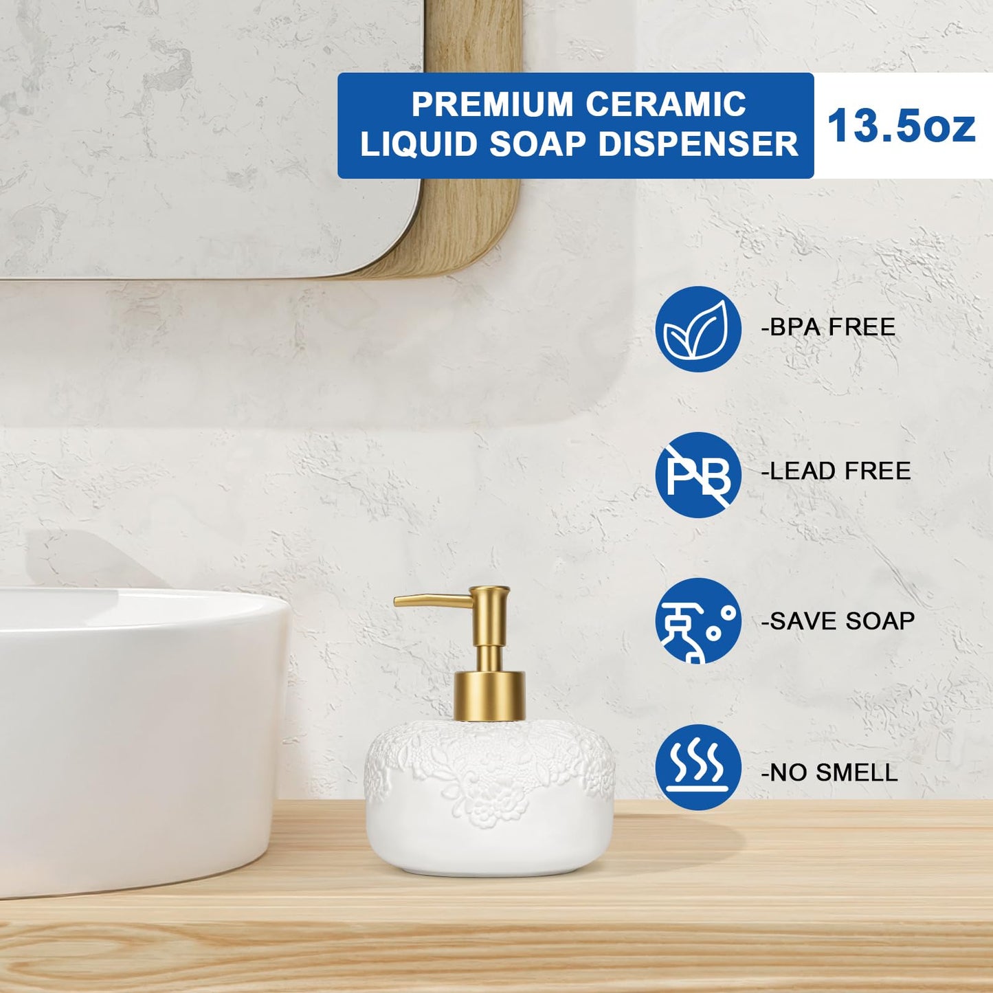 UHEY HOME Ceramic White Liquid Soap Dispenser with Embossed Design Look, Soap Dispenser with Rust-Proof Plastic Pump 13.5oz for Bathroom Kitchen