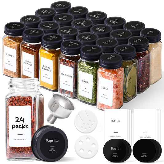 ComSaf Aesthetic Minimalist Glass Spice Jars with Labels, 24Pcs 4oz Empty Spice Containers with 93 Labels, Metal Funnel, Extra Shaker Lids, Square Spice Bottles for Kitchen Organization