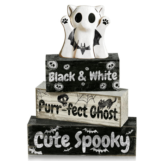 4 Pcs Ghost Cat Halloween Decor Black and White Halloween Tiered Tray Decorations Cute Spooky Rustic Wooden Blocks with Skull Bats Spider Webs Farmhouse Table Centerpiece for Home Office Desk Shelf Mantel Coffee Bar