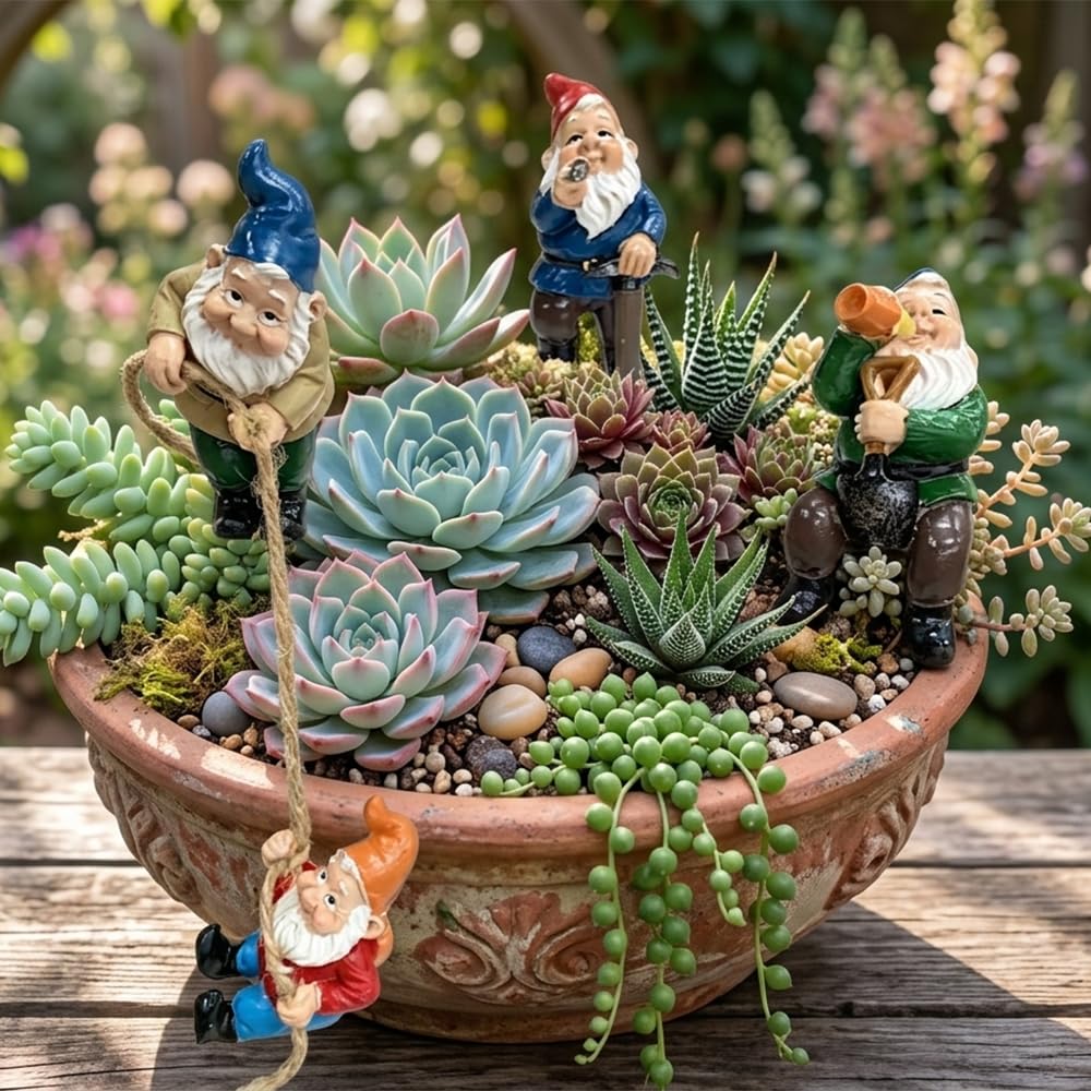 OJTNELDT Garden Gnome Figurines Set of 4, Resin Fairy Garden Gnomes with Rope, Funny Outdoor Plant Pot Decorations for Succulents, Terrariums, Miniature Garden, Patio & Indoor Planters