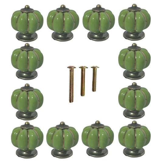 Eledabra Ceramic Pumpkin Cabinet Knobs, Green Vintage Drawer Knobs for Vanity, Closet, Cupboard, Green Knobs 12pcs