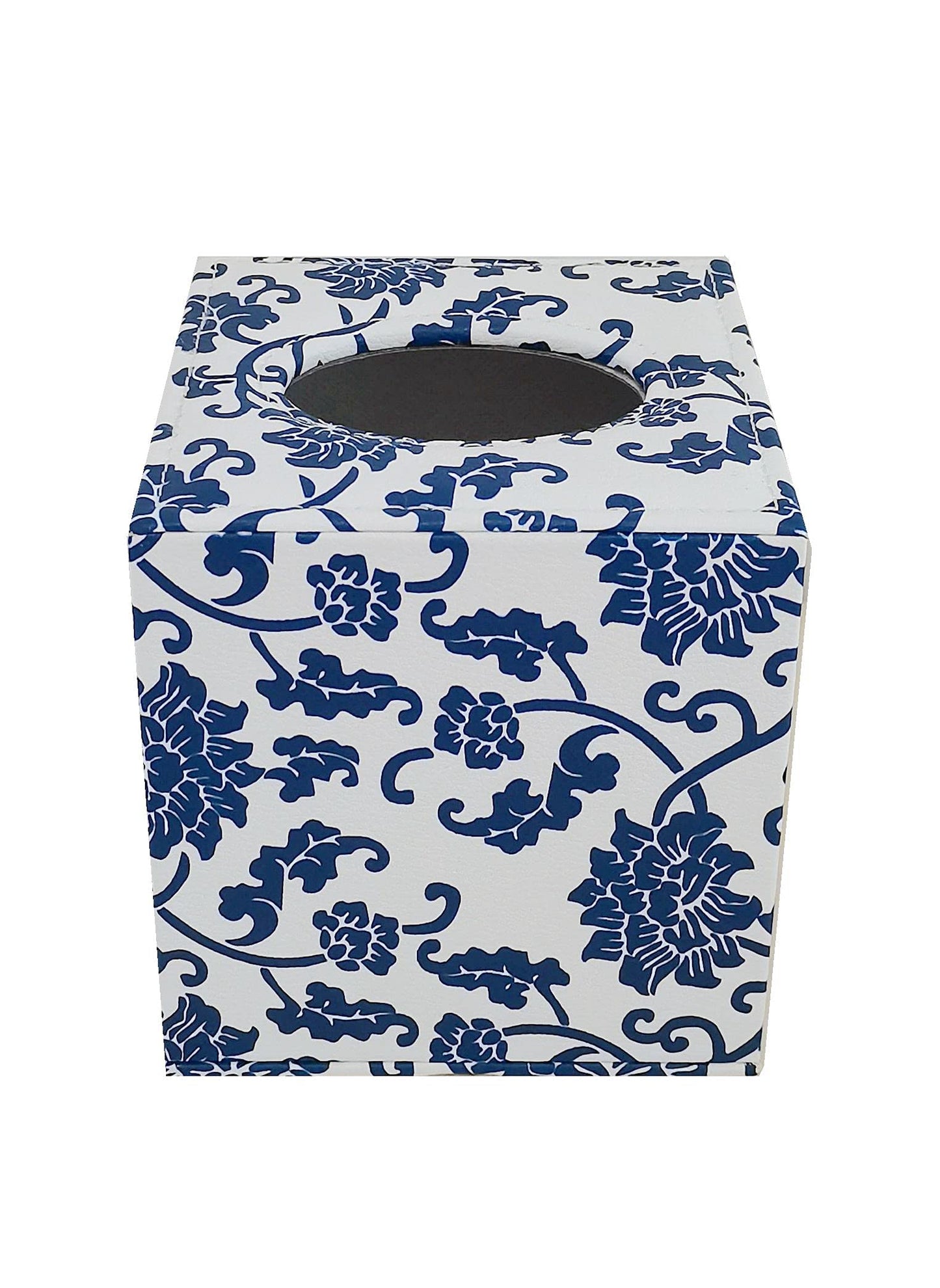 S Forever Home Decor Flower Pattern Faux Leather Tissue Box Cover (Square,Blue and White Porcelain)