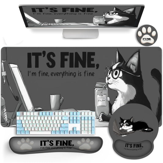 AQQA Funny Keyboard Mouse Pad Set,XXL Mouse Mat+Keyboard Wrist Rest Support, Cat Ergonomic Mouse Pad with Wrist Rest, 4 Pcs Cute Office Desk Accessories,35.4×15.7 in