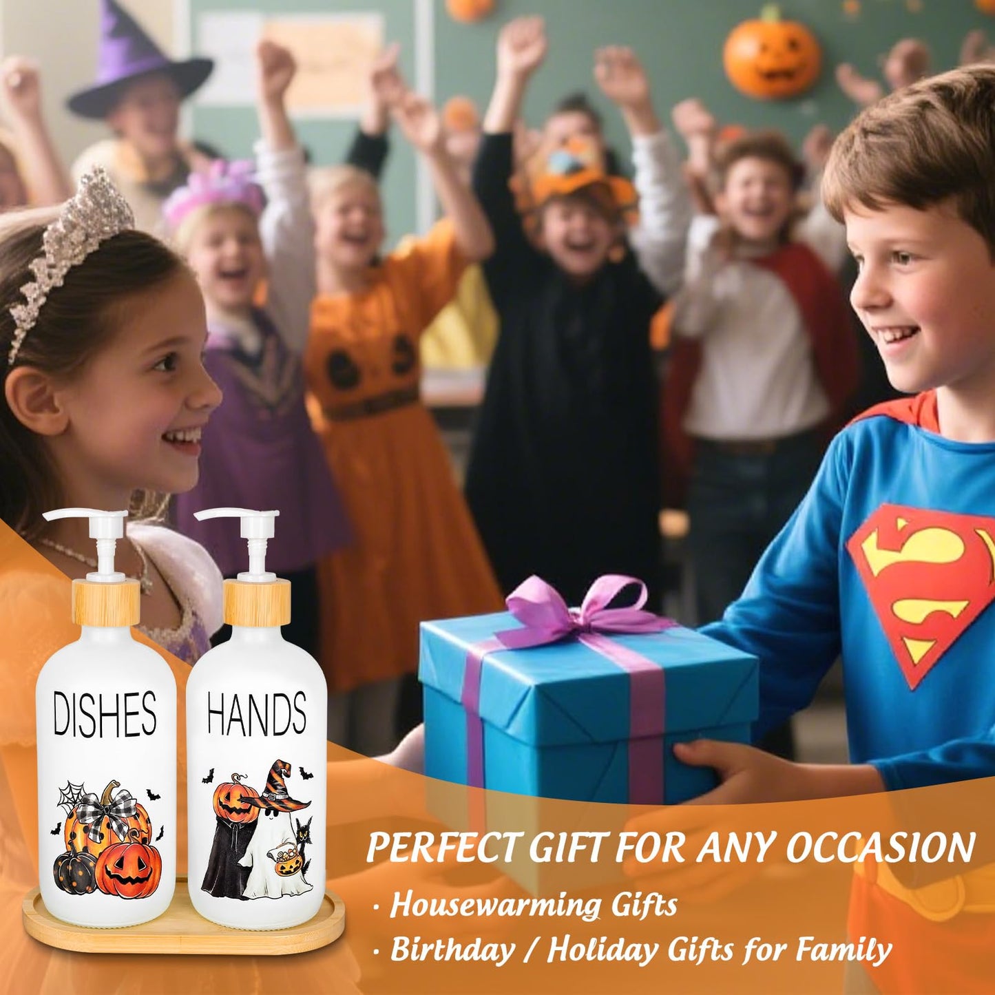 Whaline 2 Pcs Halloween Soap Dispenser Spooky Pumpkin Face Ghost Glass Soap Dispenser with Pump Refillable Liquid Container for Trick or Treat Party Home Kitchen Decor