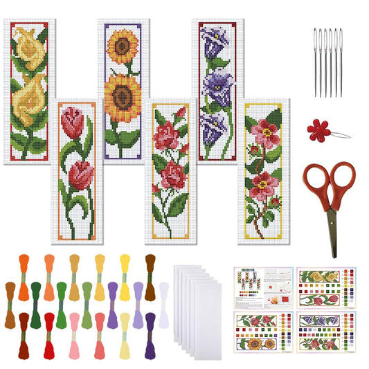 FREEBLOSS 6 Set Bookmark Cross Stitch Kits Stitch Bookmark Cross Stitch Kits with Instructions 6 Flowers Pattern Embroidery Kit for Beginners Bookmark Making Kit for Gift