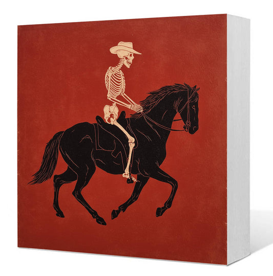 PQKIY Gothic Western Rodeo Skeleton Wooden Box Sign, Western Gothic Home Decor, Quirky Vintage Goth Skull Wood Signs for Home Bedroom Office Desk Table Shelf Decoration, 5x5 Inch