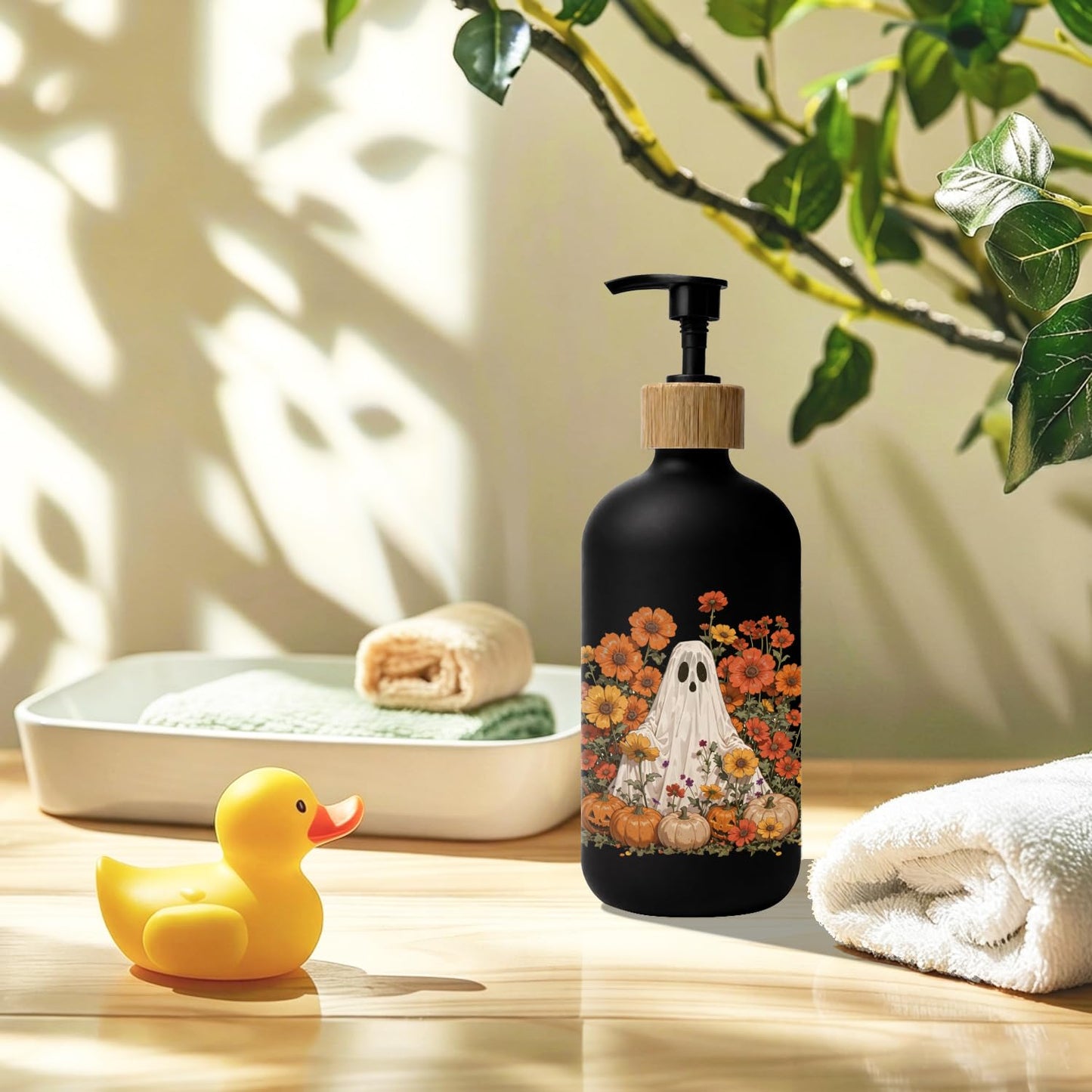 Stelloriellea Halloween Ghost Floral Glass Soap Dispenser with Pump