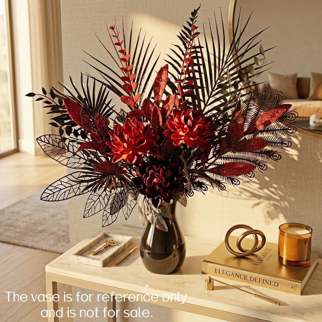 Gothic Black Red Artificial Flower Bouquets, 16-Stems Faux Silk Dahlia, Hollowed Foliage，Shining Eucalyptus Leaves, Dark Style, Themed Party，Bar Decoration，Halloween, Romantic Wedding (Without vases)