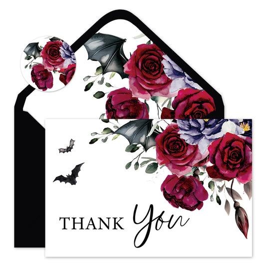 Whaline 36Pcs Halloween Thank You Cards with Envelopes Stickers Blood Red Flower Bat Greeting Cards Blank Note Card for Halloween Birthday Wedding Party Supplies