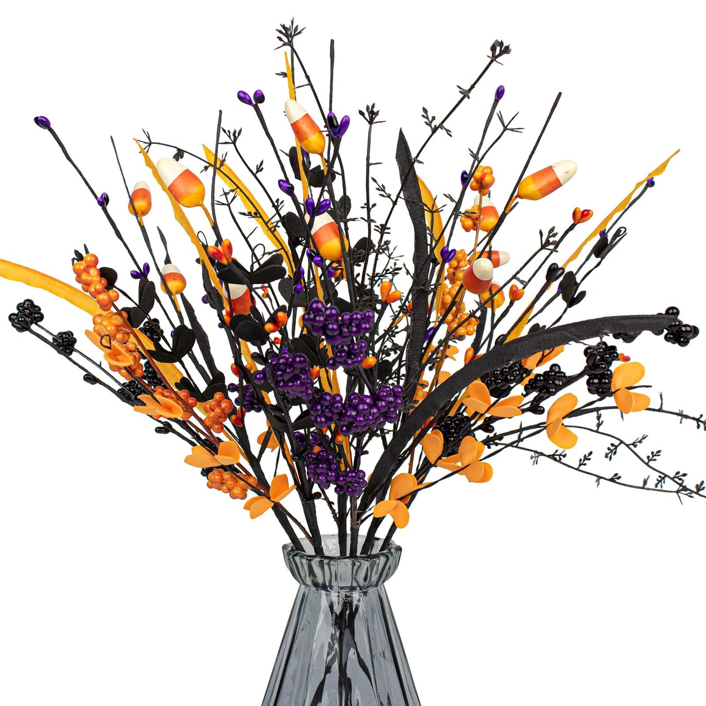 MG MagicGarden 6 Pack Artificial Halloween Floral Picks Purple Orange Black Berry Stems Halloween Tree Branches with Candy for Halloween Party Flower Arrangement Centerpieces