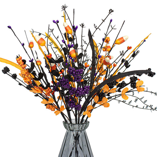 MG MagicGarden 6 Pack Artificial Halloween Floral Picks Purple Orange Black Berry Stems Halloween Tree Branches with Candy for Halloween Party Flower Arrangement Centerpieces