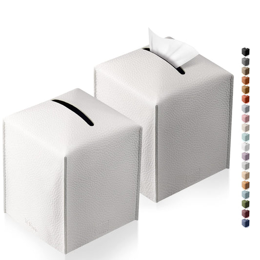 Tissue Box Cover, Tclouda, Modern PU Leather Square Tissue Box Holder for Creative Decorative, 2 Pack, Ideal for Bathrooms/Office/Car/Nightstand/Outdoor Tent/Dining Table, 5"X5"X5", Double White