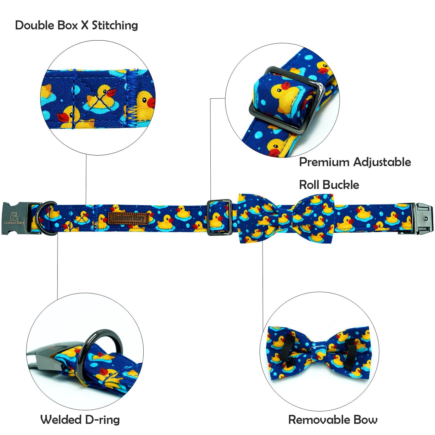 Lionheart glory Dog Bow Collar Ducky Pattern Cute Boy Collars for Small Dogs,Soft Duty Adjustable Dog Collar with Bowtie Spring Summer Puppy Collars Bows Pet Gift