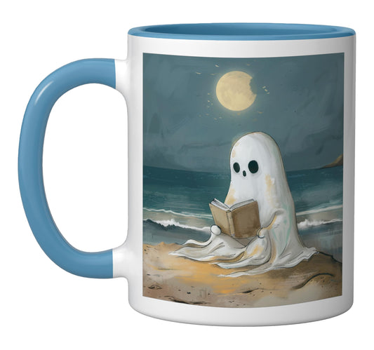 Spooky Ghost Reading at Beach Summer Moonlight Ceramic Mug, Blue/White