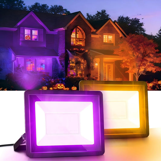 L LOHAS LED Orange and Purple Christmas Halloween Flood Light Outdoor, 2 Pack 𝑨𝒖𝒕𝒐 𝑶𝑵/𝑶𝑭𝑭 50W Plug in Flood Light, IP66 Waterproof, 2300lm Outdoor Flood Lights for Yard, Party, UL Listed