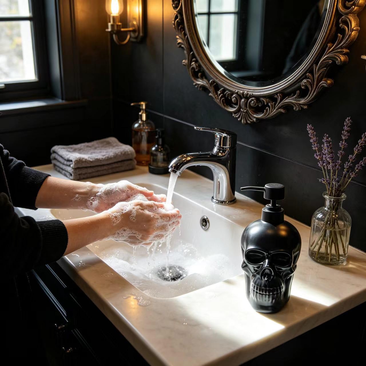 Caahanjia Ceramic Skull Soap Dispenser, Refillable Halloween Liquid Hand Soap Dispenser for Bathroom and Kitchen, Halloween Skull - Black
