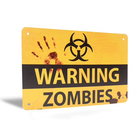 TG,LLC Funny Metal Wall Decor Sign - Warning Zombies - Spooky Metal Wall Art for Haunted Horror House, Zombie Bedroom, or Home Room Decor - Halloween Decorations Indoor, Gothic Door Sign 12"x8"