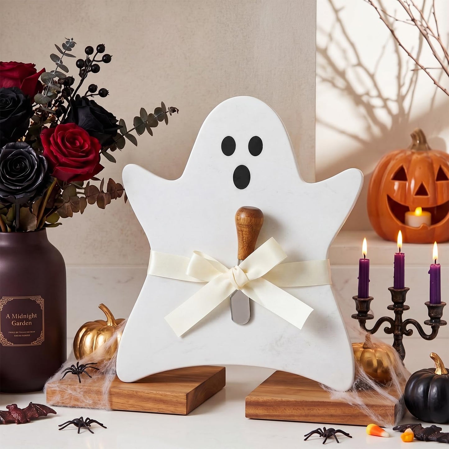 Afarnook Ghost Marble Cheese Board Charcuterie Cutting Tray with Spatula Halloween Ghost Marble Serving Decorative for Decoration Charcuterie Kitchen