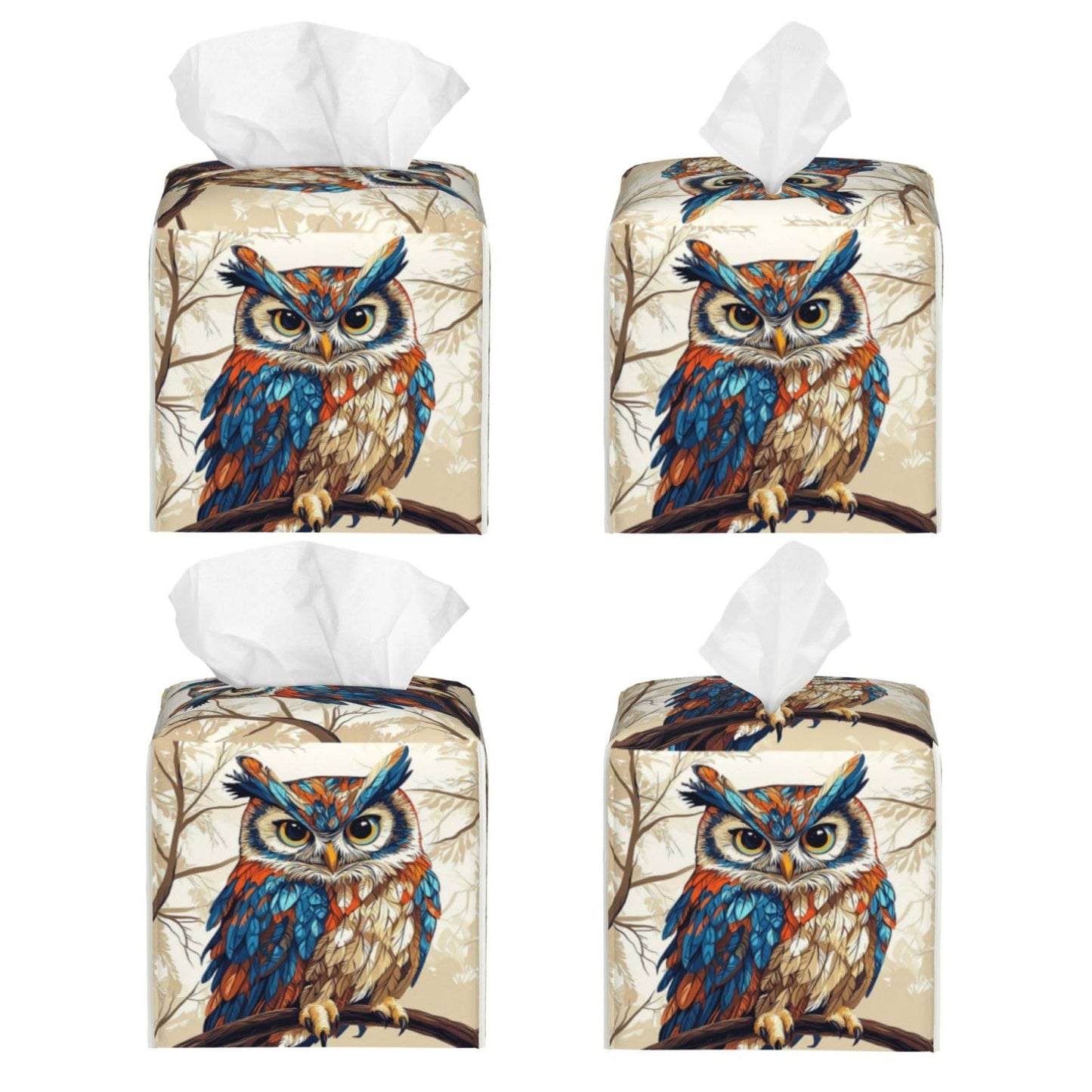 Cute Owl Tissue Box Cover Square, Waterproof Leather Tissue Box Holder Portable Dispenser Modern Home Decoration for Bathroom Car Nightstand Vanity