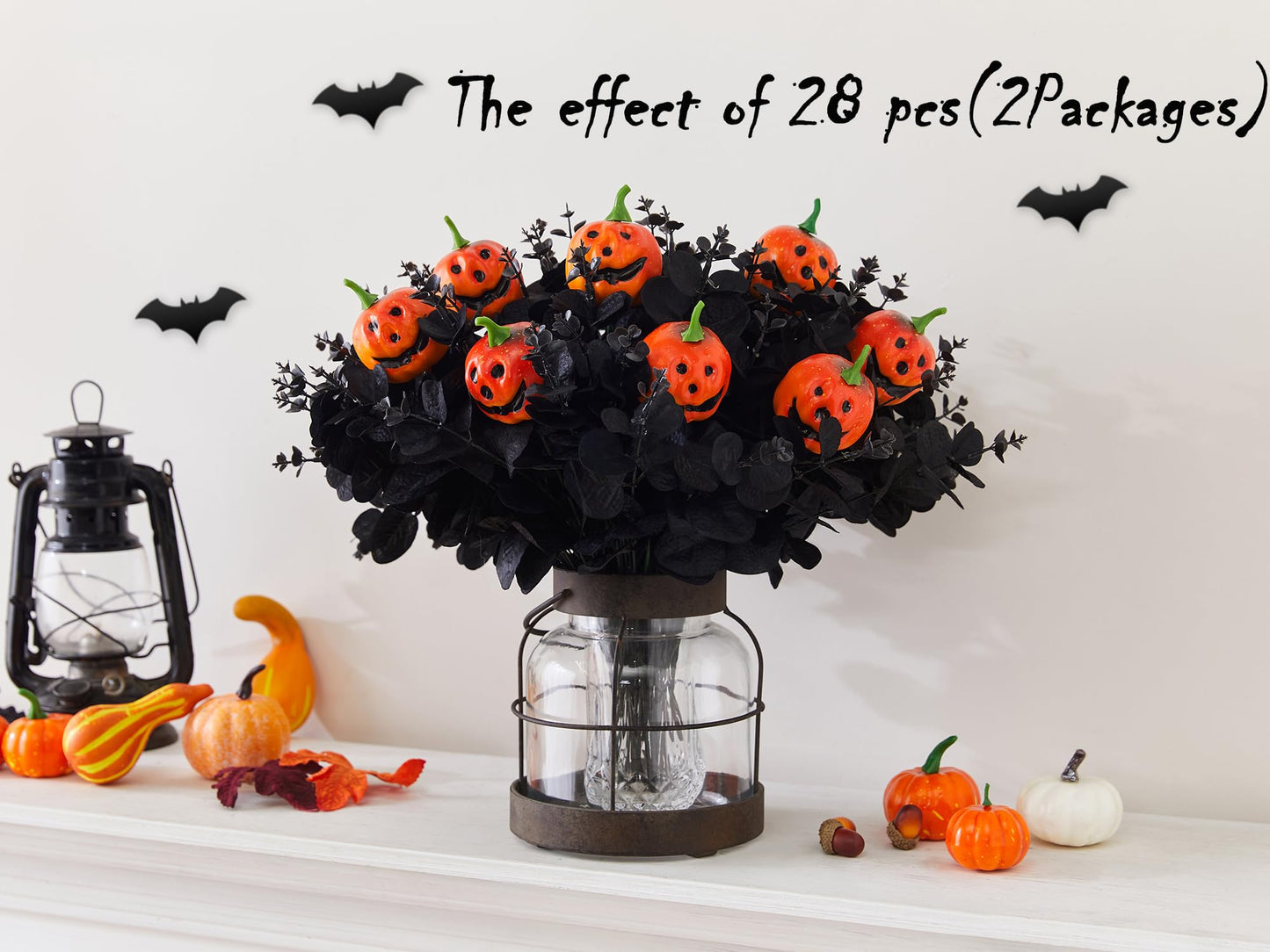 SITUMEIZI 14PCS Black Halloween Flowers Pumpkin Decorations Indoor Black Artificial Flower Fake Eucalyptus Branches Stems Halloween Table Centerpieces Decor