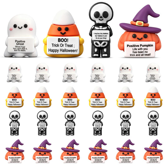 Gejoy 25 Pcs Halloween Mini Rubber Figurine with Motivational Messages Mini Ghost Pumpkin Candy Corn Skeleton Positivity Signs for Office Home Halloween Party Decorations Gifts