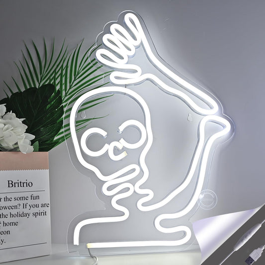 Britrio Skull Halloween Decoration LED Neon Sign Skeleton Wall Art Decor Light for Window Entryway Front Porch Door Bedroom Home Party Supply Kids Gift Cold White 5V Powered by Usb