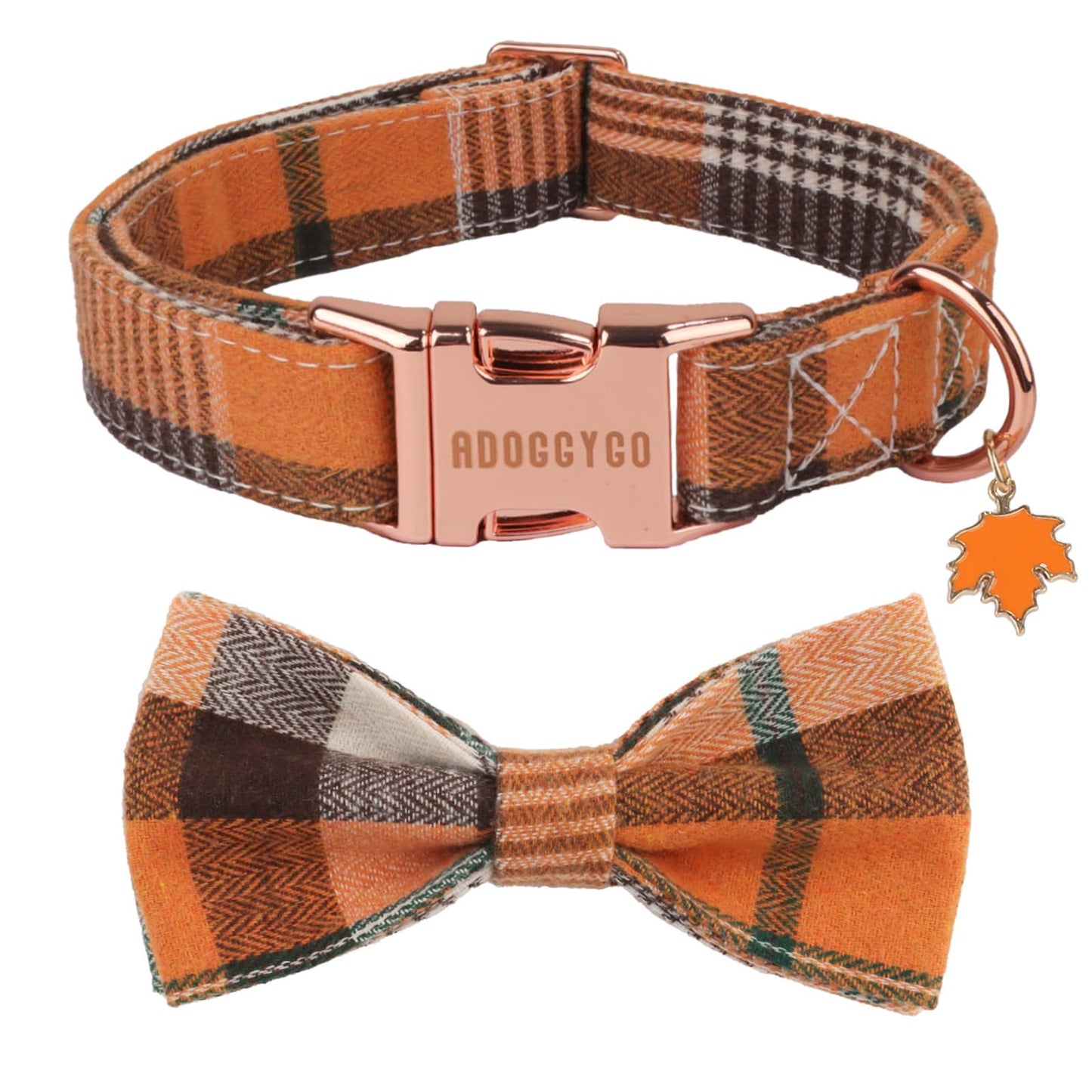 ADOGGYGO Fall Dog Collar with Bow, Detachable Plaid Halloween Thanksgiving Bowtie, Metal Buckle, Adjustable Orange Plaid Fall Collars for Medium Dogs Boy Girl (Medium)
