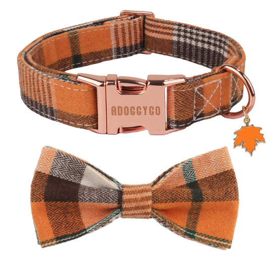 ADOGGYGO Fall Dog Collar with Bow, Detachable Plaid Halloween Thanksgiving Bowtie, Metal Buckle, Adjustable Orange Plaid Fall Collars for Medium Dogs Boy Girl (Medium)