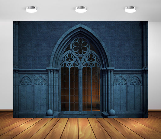 BELECO 8x6ft Fabric Dark Medieval Castle Backdrop Abandoned Night Castle Crypt Gothic Arch Window Grey Arch Wall Background Medieval Themed Party Decoration Ghost Vampire Halloween Shoot Photo Prop